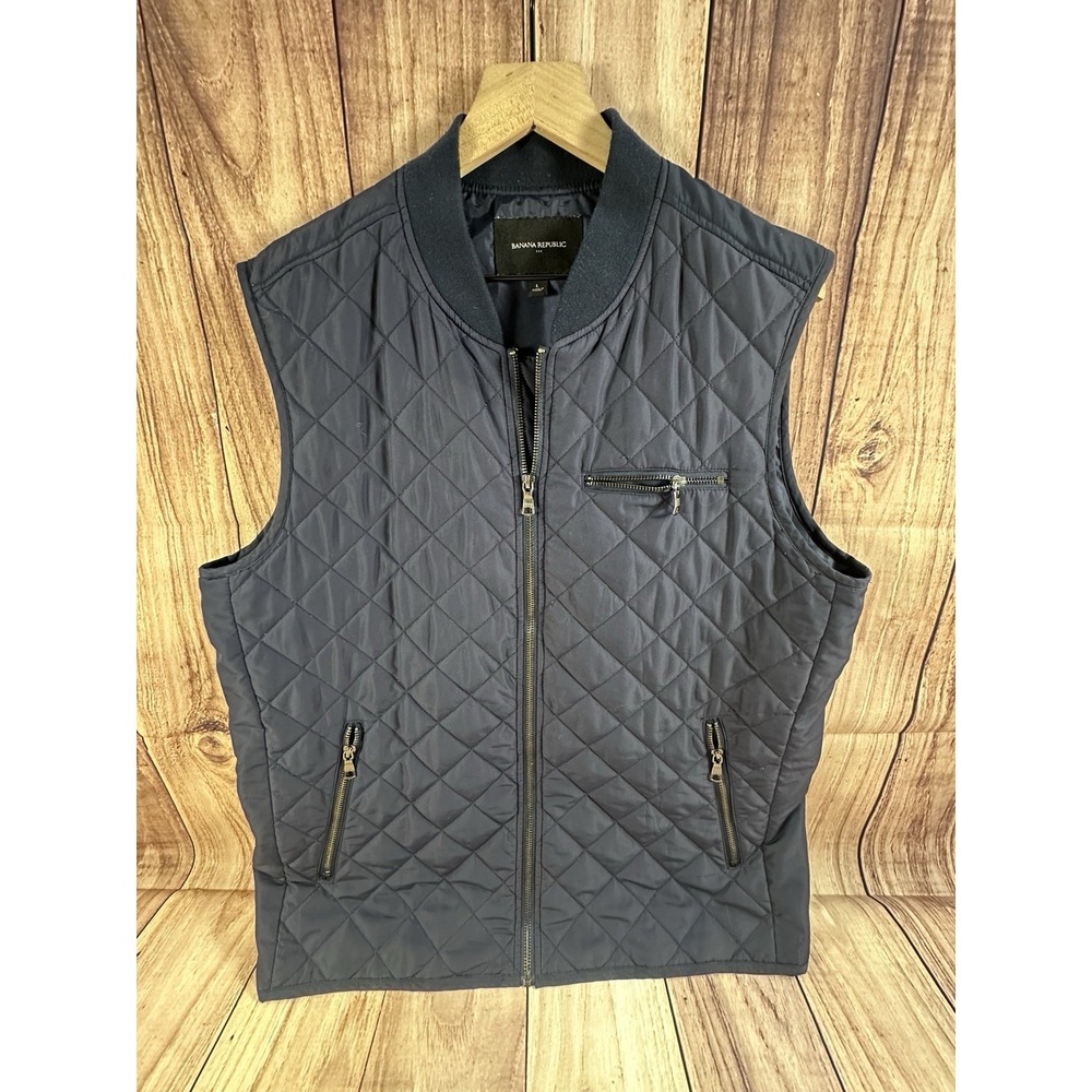 Banana Republic Men Quilted Vest L Navy Blue Diamond Stitch Lightweight Large